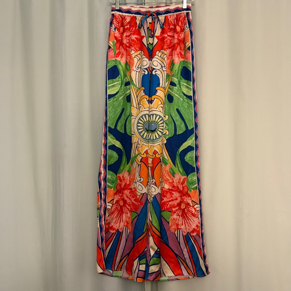 Her.. Bottari‎ Scarf Print Wide Leg Pull On Satin Palazzo Pants, L, Boho